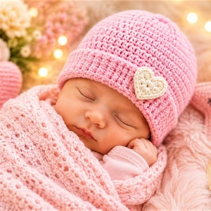 May include: A sleeping infant wrapped in a light pink crocheted blanket, wearing a matching pink crocheted beanie with a small white heart appliqué. The scene includes a pink crocheted heart, a pink star-shaped pillow, and a wooden heart cutout.