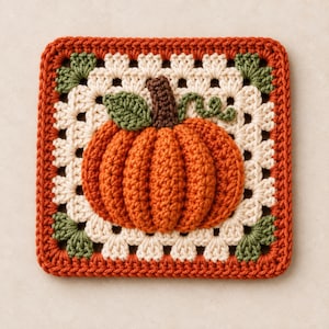 Peut inclure: Un dessous de verre carré au crochet présentant une citrouille orange centrale avec une tige marron et une feuille verte. La citrouille est entourée d'un motif granny square crème avec des accents verts aux coins, bordé d'un contour orange.