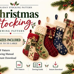 Puede incluir: Un patrón de costura digital para seis tamaños de calcetines navideños, desde XS hasta XX-Large. La imagen muestra seis calcetines decorativos con varios motivos festivos, incluyendo cuadros, acebo, copos de nieve y flores de pascua.
