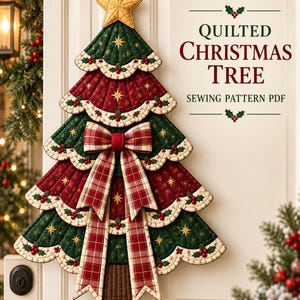 May include: A quilted Christmas tree wall hanging featuring alternating dark green and deep red scalloped layers with gold star embroidery, holly accents, and a large red plaid bow. The text reads QUILTED CHRISTMAS TREE SEWING PATTERN PDF.