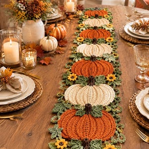 Może przedstawiać: Długi, prostokątny bieżnik szydełkowy z powtarzającym się wzorem naprzemiennych pomarańczowych i kremowych dyń. Dynie są ozdobione zielonymi szydełkowymi liśćmi i małymi żółtymi słonecznikami, tworząc teksturowany element dekoracyjny na środek stołu.