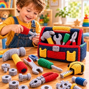 May include: A crochet toy tool set featuring a dark blue toolbox with a yellow handle, containing various soft tools including a grey and yellow hammer, a grey wrench, a green screwdriver, and red pliers, alongside loose nuts, bolts, and a tape measure.