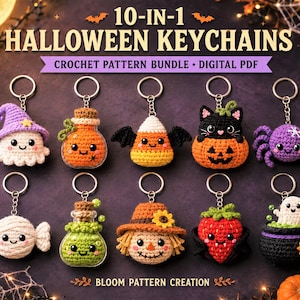 May include: A 10-in-1 Halloween keychains crochet pattern bundle digital PDF featuring ten amigurumi designs including a ghost, pumpkin, candy corn, black cat, spider, wrapped candy, potion bottle, scarecrow, strawberry, and a cauldron with a ghost.