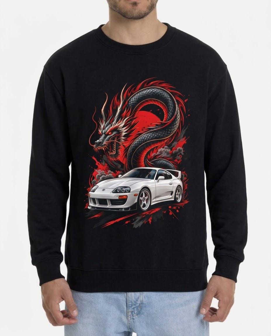 Japanese Dragon with Racing Car Sweatshirt | JDM Supra Graphic Crew