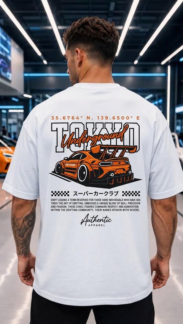 Tokyo Underground T-Shirt | Japanese Streetwear Oversized Graphic Tee | Orange Drift Car Apparel | Automotive Gift for Men
