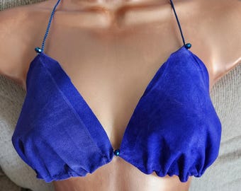 Genuine Suede Leather Blue Bikini Top