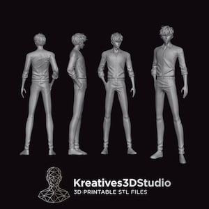 May include: A gray 3D digital model of a slender male figure shown from four different angles, including back, side, and front views. The figure wears a button-down shirt and trousers. Text at the bottom reads Kreatives3DStudio 3D PRINTABLE STL FILES.