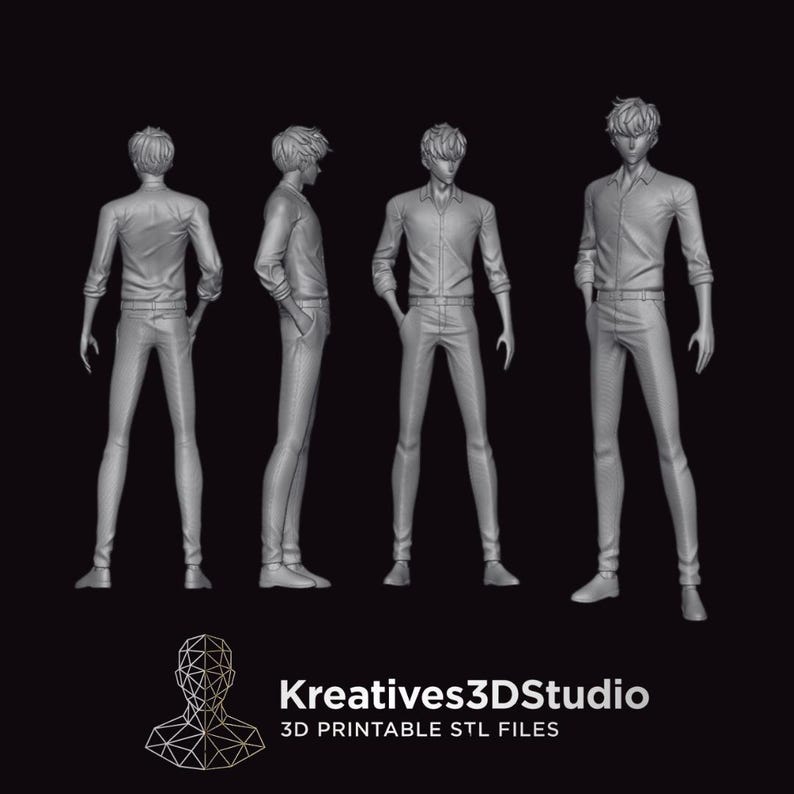 May include: A gray 3D digital model of a slender male figure shown from four different angles, including back, side, and front views. The figure wears a button-down shirt and trousers. Text at the bottom reads Kreatives3DStudio 3D PRINTABLE STL FILES.