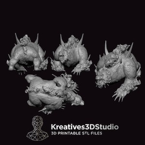 May include: Four grey 3D-printed figures of a snarling, muscular creature with spikes and fur-like textures, displayed from different angles. The text Kreatives3DStudio 3D PRINTABLE STL FILES appears at the bottom with a geometric head icon.