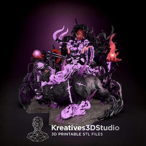 May include: A 3D printed figurine set featuring a large black bear with glowing purple accents, a central dark armored figure with a red mask, and a smaller human character. The text Kreatives3DStudio 3D PRINTABLE STL FILES is visible.