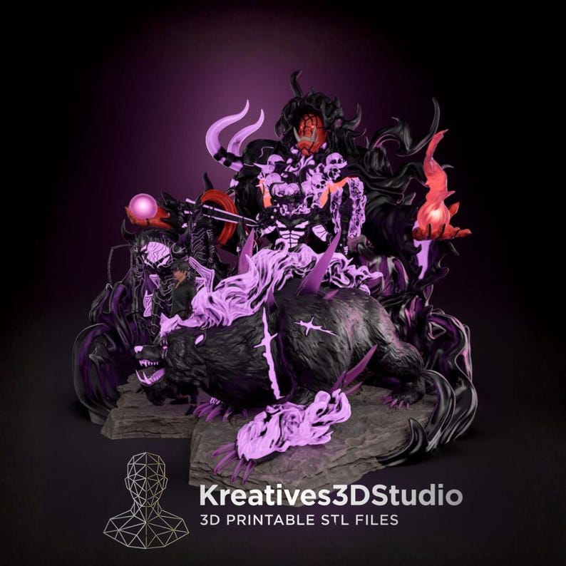 May include: A 3D printed figurine set featuring a large black bear with glowing purple accents, a central dark armored figure with a red mask, and a smaller human character. The text Kreatives3DStudio 3D PRINTABLE STL FILES is visible.