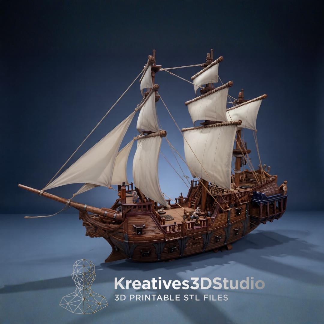 Detailed Pirate Ship Sailing Vessel Inspired Nautical 3D Model STL File