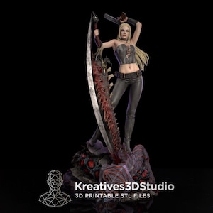 May include: A blonde figurine standing on a rocky base, wearing a grey lace-up corset and dark pants. The figure holds a large, curved, metallic blade with red textured details and a small handgun. Text reads: Kreatives3DStudio 3D PRINTABLE STL FILES.