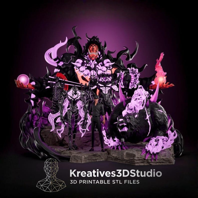 May include: A 3D printable STL file set featuring a central human figure in black clothing surrounded by multiple dark, monstrous entities with glowing purple accents, sharp horns, and jagged forms, all set against a dark background with the text Kreatives3DStudio.