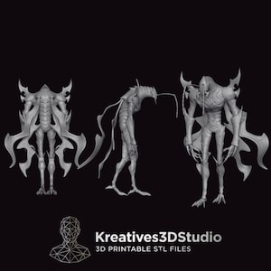 May include: A gray 3D digital model of a humanoid creature with insect-like features, shown from the back, side, and front. The figure has long antennae, sharp claws, and wing-like appendages. Text at the bottom reads Kreatives3DStudio 3D PRINTABLE STL FILES.