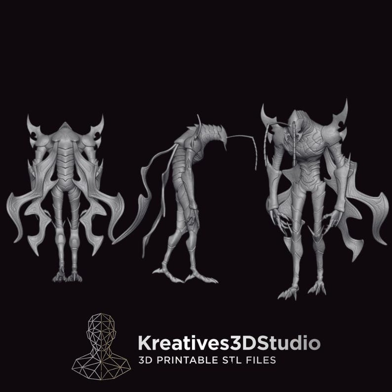 May include: A gray 3D digital model of a humanoid creature with insect-like features, shown from the back, side, and front. The figure has long antennae, sharp claws, and wing-like appendages. Text at the bottom reads Kreatives3DStudio 3D PRINTABLE STL FILES.
