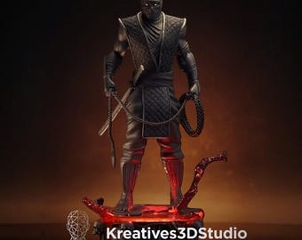 May include: A black ninja figurine standing on a glowing red base with skulls. The character wears a quilted vest and mask, holding a rope weapon in each hand. The base features the text Kreatives3DStudio 3D PRINTABLE STL FILES.