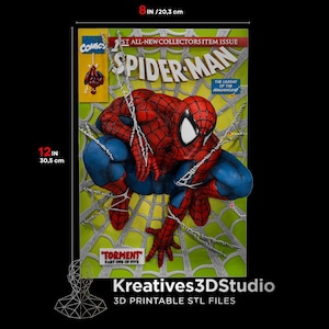 May include: A 3D printed Spider-Man wall art piece measuring 8 inches by 12 inches. The red and blue figure is crouched against a yellow background with a white web pattern. Text includes Spider-Man, Torment Part One of Five, and Marvel Comics.