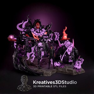 May include: A 3D printable digital model featuring a central human figure surrounded by dark, monstrous entities with glowing purple accents, horns, and skulls. The scene includes a large beast, a masked figure, and floating spheres, labeled Kreatives3DStudio.