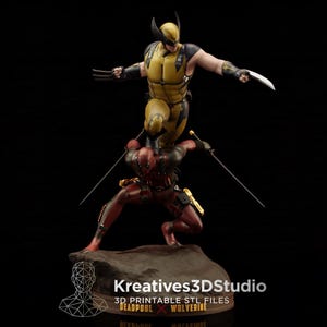 May include: A detailed figurine featuring Wolverine in a yellow and black suit with metal claws, leaping over Deadpool in a red and black suit holding two swords. The base is a textured rock with the text Kreatives3DStudio 3D PRINTABLE STL FILES.