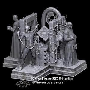 Puede incluir: Un diorama gris impreso en 3D con tres figuras humanoides sobre una base escalonada. La figura central está encadenada cerca de un cubo, flanqueada por dos figuras con túnicas bajo arcos de piedra. El texto dice: Kreatives3DStudio.