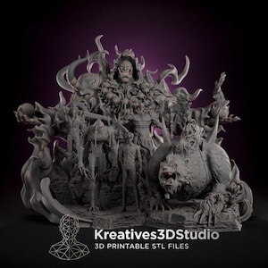 May include: A gray 3D printed diorama featuring multiple fantasy figures, including a central hooded character, a standing human, a large beast, and swirling smoke effects. The text Kreatives3DStudio 3D PRINTABLE STL FILES is at the bottom.
