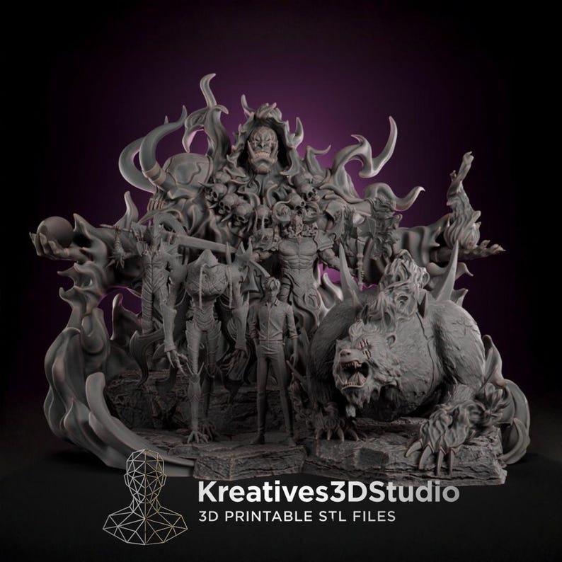 May include: A gray 3D printed diorama featuring multiple fantasy figures, including a central hooded character, a standing human, a large beast, and swirling smoke effects. The text Kreatives3DStudio 3D PRINTABLE STL FILES is at the bottom.