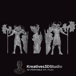 May include: A grey 3D printable model of a horned warrior figure holding a large axe and a shield, shown from three angles. The text Kreatives3DStudio 3D PRINTABLE STL FILES appears at the bottom with a geometric head icon.