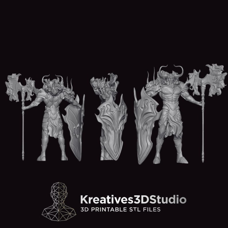 May include: A grey 3D printable model of a horned warrior figure holding a large axe and a shield, shown from three angles. The text Kreatives3DStudio 3D PRINTABLE STL FILES appears at the bottom with a geometric head icon.