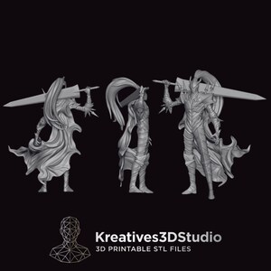 May include: A gray 3D printable figurine of a warrior in full plate armor with a long ponytail, holding a large broadsword across their shoulders, shown from three angles. The text Kreatives3DStudio 3D PRINTABLE STL FILES is at the bottom.