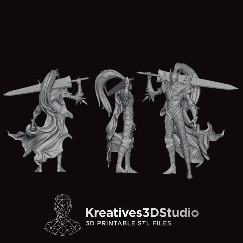 May include: A gray 3D printable figurine of a warrior in full plate armor with a long ponytail, holding a large broadsword across their shoulders, shown from three angles. The text Kreatives3DStudio 3D PRINTABLE STL FILES is at the bottom.