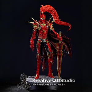 May include: A detailed figurine of a warrior clad in glossy red and gold armour with a high ponytail, holding a large, ornate sword. The figure stands on a circular stone base. Text at the bottom reads Kreatives3DStudio 3D PRINTABLE STL FILES.