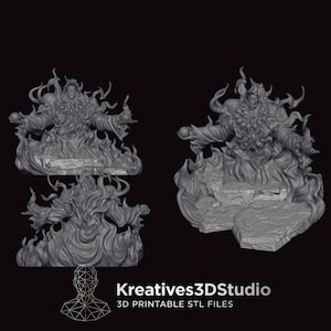 May include: A grey 3D printed miniature figure of a robed character surrounded by swirling flames, standing on a rocky base. The figure features intricate details and is presented with the text Kreatives3DStudio 3D PRINTABLE STL FILES below it.