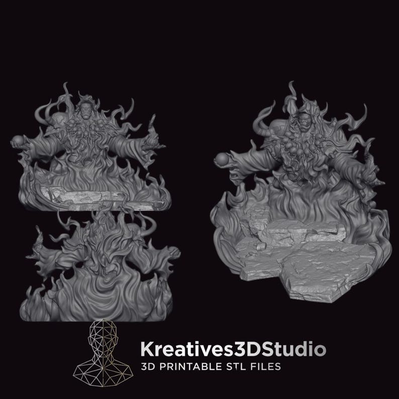 May include: A grey 3D printed miniature figure of a robed character surrounded by swirling flames, standing on a rocky base. The figure features intricate details and is presented with the text Kreatives3DStudio 3D PRINTABLE STL FILES below it.