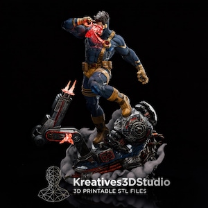 Può includere: Una statuetta dettagliata di un personaggio in tuta tattica blu e gialla con una visiera che emette un raggio di energia rosso. Il personaggio poggia su una base meccanica con effetti di fumo e detriti. Testo: Kreatives3DStudio 3D PRINTABLE STL FILES.