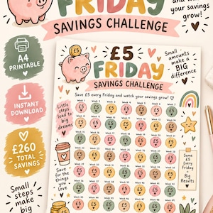 May include: A printable A4 savings challenge sheet titled £5 FRIDAY SAVINGS CHALLENGE. It features a pink piggy bank, 52 numbered circles for tracking weekly £5 deposits, a total savings goal of £260, and decorative icons like a coffee cup, rainbow, and plant.