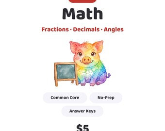 4th Grade Math Worksheets No Prep Bundle, Common Core, Multi-Digit Multiplication Division Fractions Decimals Angles, Printable PDF