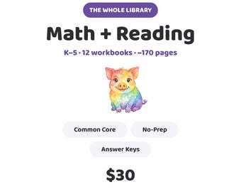 Math & Reading Worksheets MEGA Bundle K-5, No Prep Common Core Curriculum, Kindergarten to 5th Grade, 12 Workbooks, Printable PDF