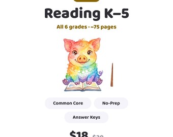 Reading & Grammar Worksheets MEGA Bundle K-5, No Prep Common Core, Phonics Grammar Comprehension, Kindergarten to 5th Grade, PDF