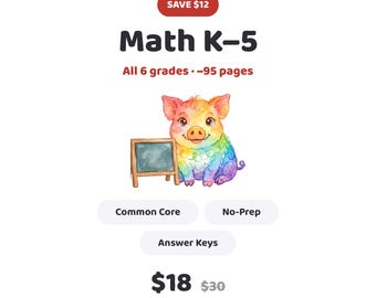 Math Worksheets MEGA Bundle K-5, No Prep Common Core, Kindergarten to 5th Grade, Addition Fractions Decimals Geometry, Printable PDF