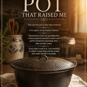 Pode incluir: Uma panela de ferro fundido escura e texturizada com tampa correspondente sobre um pano claro. A imagem contém o texto: THE POT THAT RAISED ME. This cast iron pot is more than cookware. It is a piece of my family's history. A LEGACY OF LOVE.
