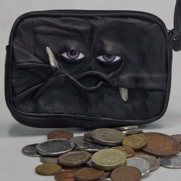 Change Purse Coin Black Leather Zippered Pouch With Eye Face LARP RPG Cosplay
