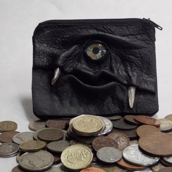 Change Purse Coin Purse Dragon Eye Leather Zippered Pouch With Eye Face Black Witch LARP RPG