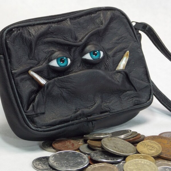 LARP RPG Cosplay Change Purse Clutch Coin Black Leather Zippered Pouch With Eye Face