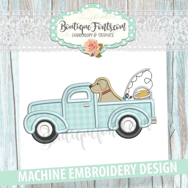 Vintage Fishing Truck Applique Embroidery Design - Instant Download