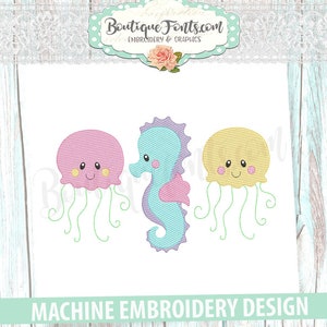 Summer Seahorse Sketch Trio Machine Embroidery Design - Instant Download