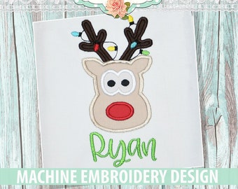 Reindeer Lights Christmas Applique Embroidery Design - Instant Download