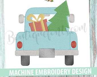 May include: A blue pickup truck with a red and yellow gift box and a green Christmas tree in the back.  Machine embroidery design.
