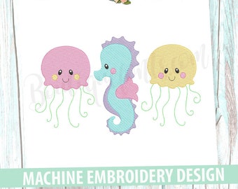 Summer Seahorse Sketch Trio Machine Embroidery Design - Instant Download
