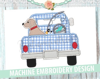 May include: Machine embroidery design of a blue and white gingham pickup truck with a dog in the back. The truck has a fishing rod and a bucket with a fish in it.